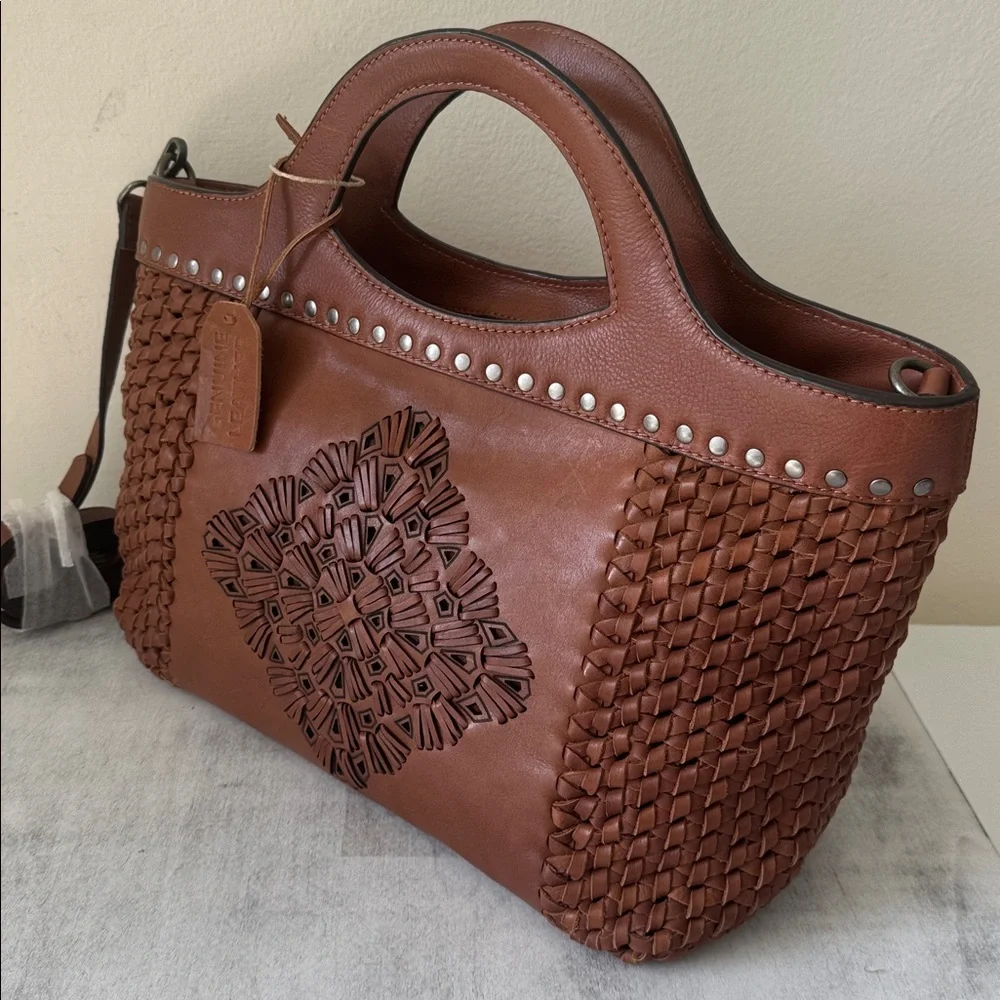 Made in India Woven Brown Leather Med Handbag Crossbody Metal Studs Unique